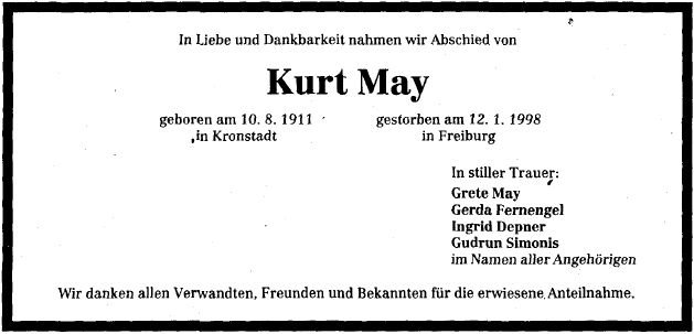 May Kurt 1911-1998 Todesanzeige